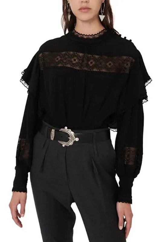 Iro Claw Guipure Lace Trimmed Ruffled Crepe Black Long Sleeve Blouse Size 36 Nwt